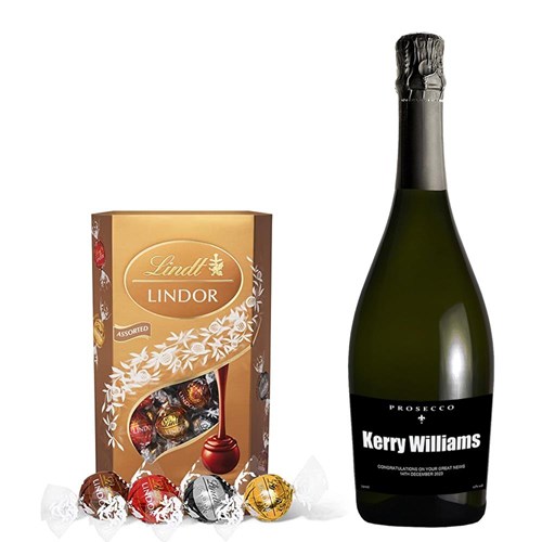 Personalised Prosecco - Black Label With Lindt Lindor Assorted Truffles 200g